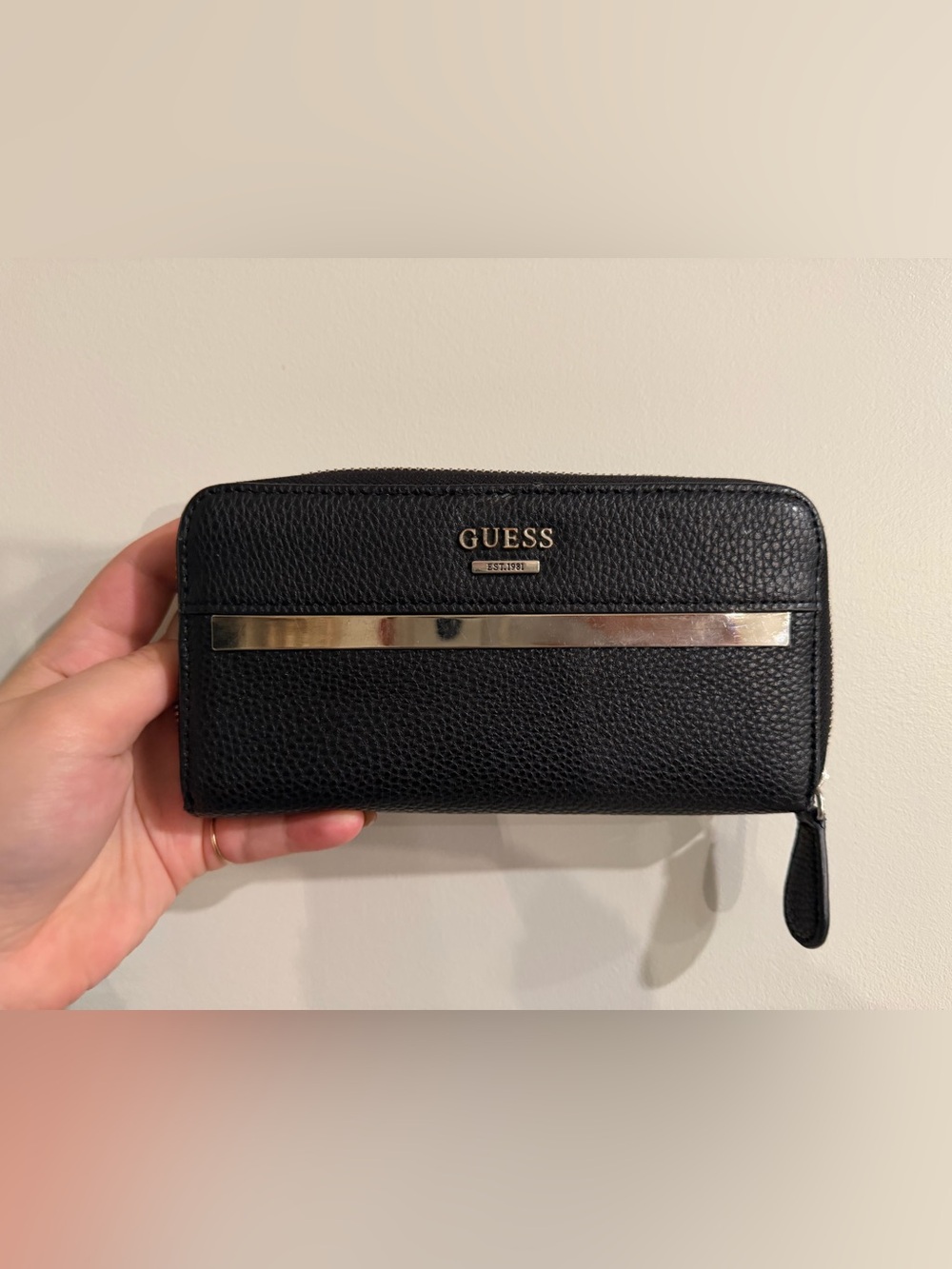 Guess Black Pebbled Zip Wallet with Gold Bar